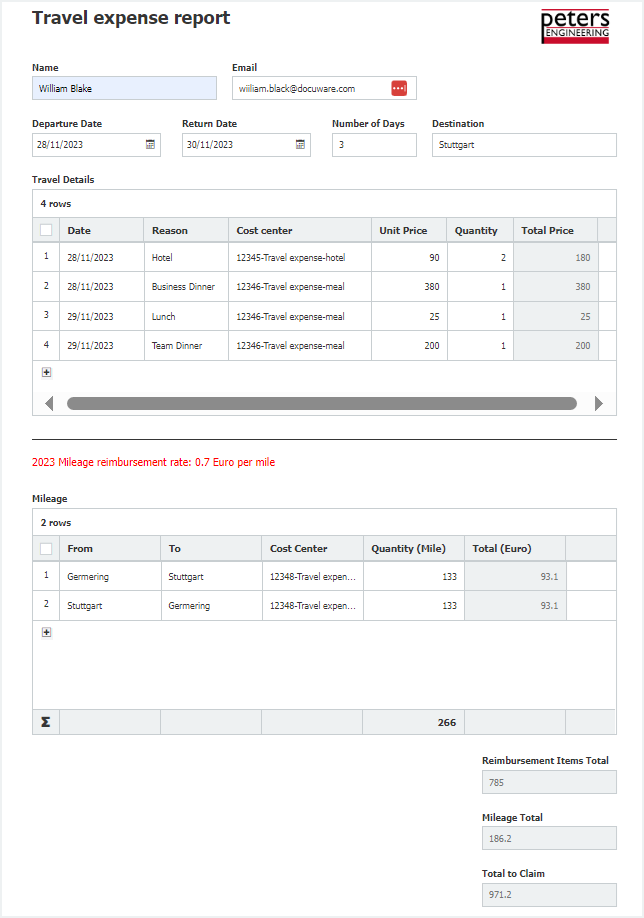 Tabellenkalkulation in DocuWare Forms